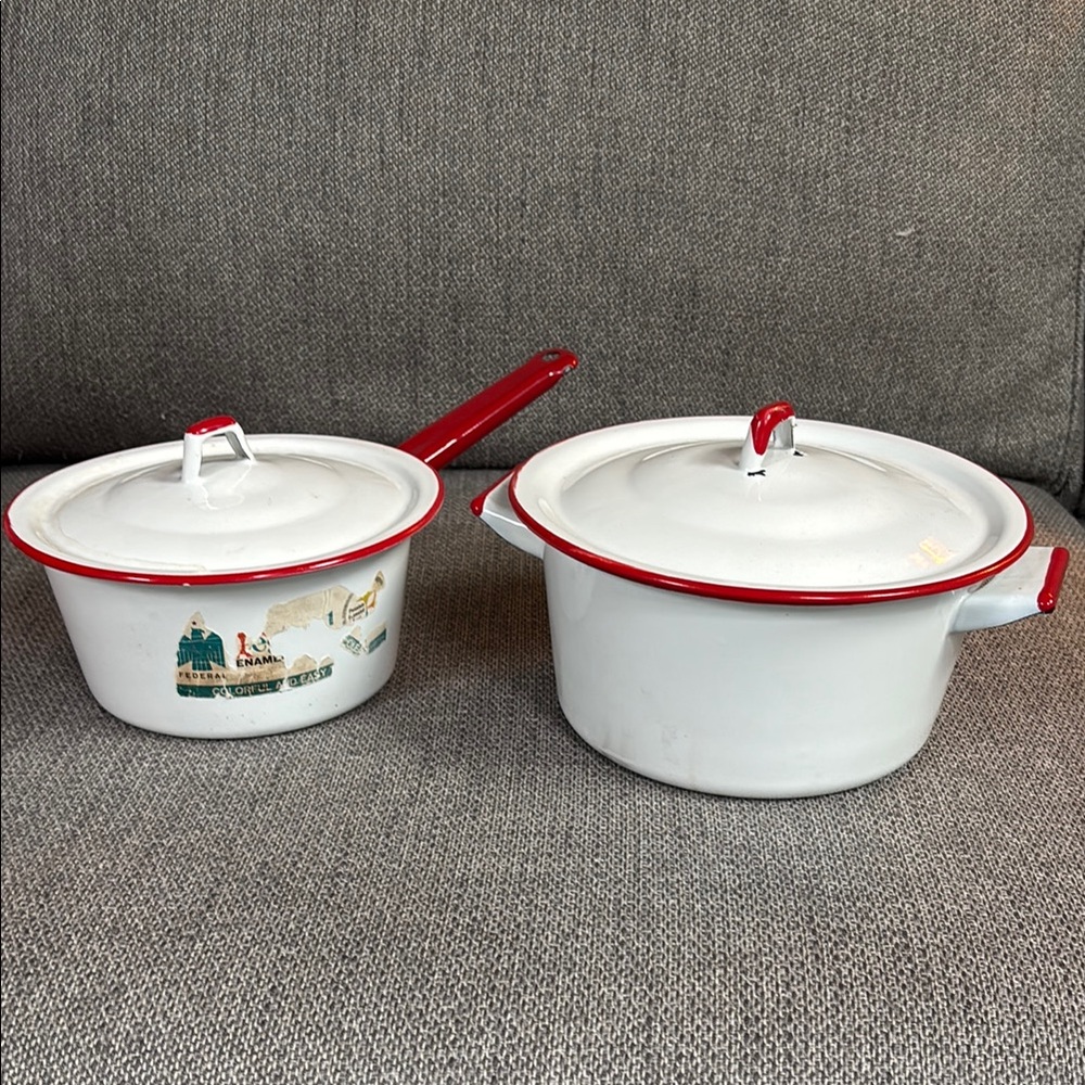 White and Red Enamel Saucepan and Pot Set